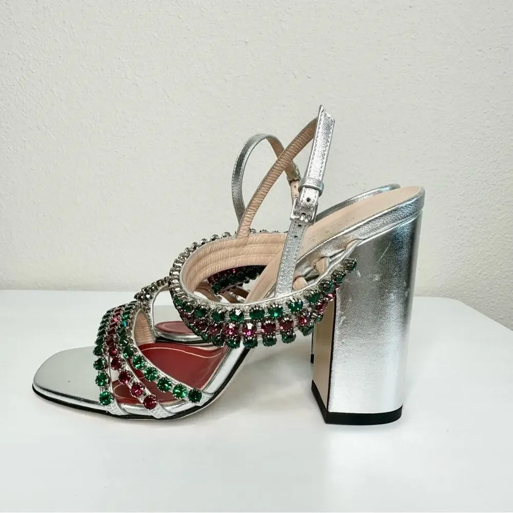 NEW GUCCI Bertie Nappa Leather Crystal Strappy Sandals Size 37 Silver - Picture 6 of 11